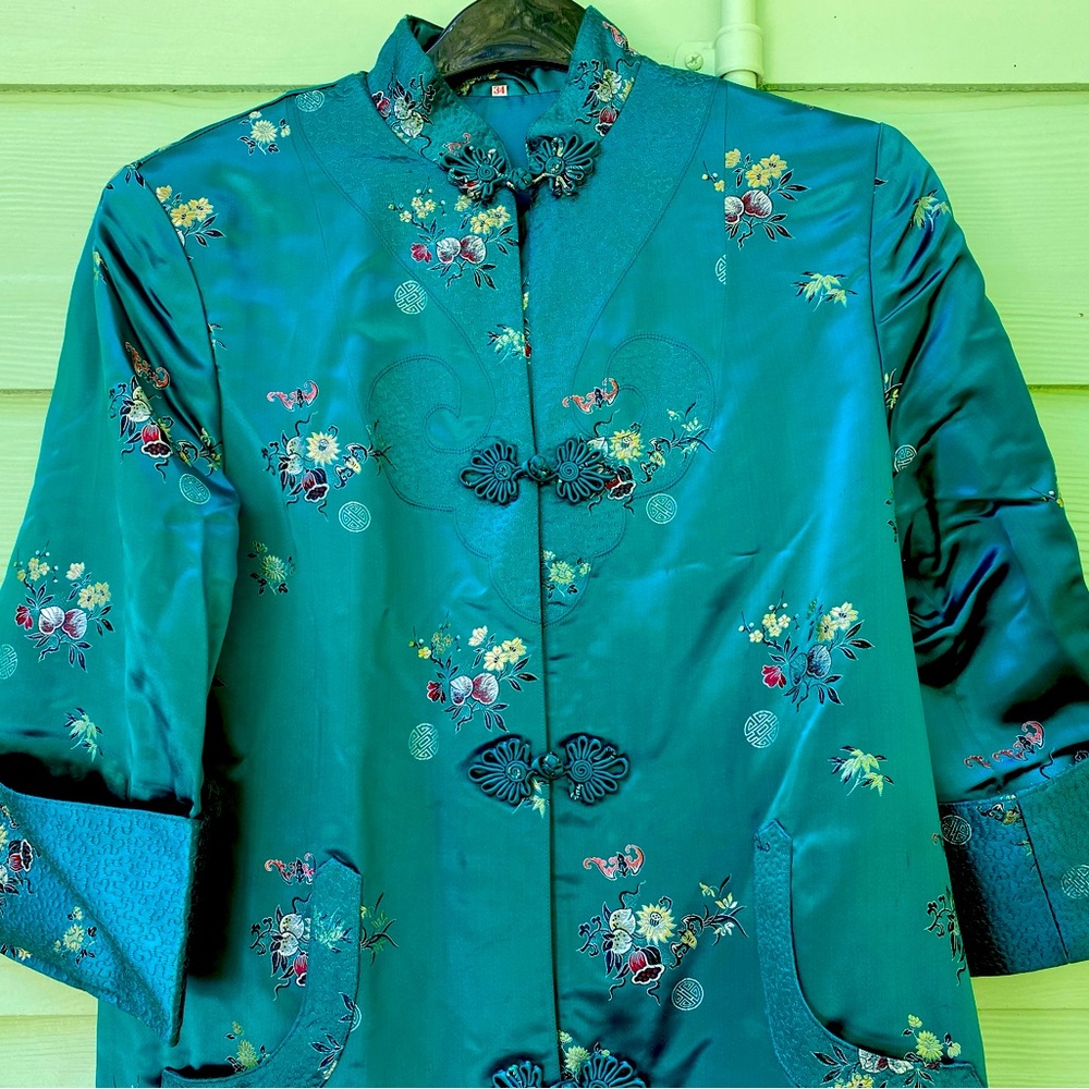 Beautiful silk embroidered teal jacket (duster style” Asian origin.